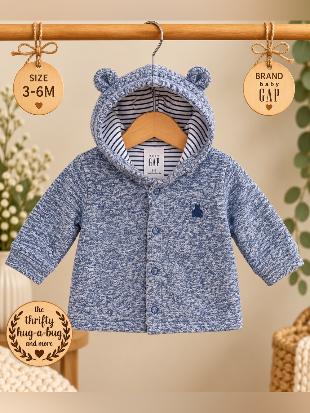 Baby GAP Bear Ear Hooded Cardigan Jacket Blue 3-6M